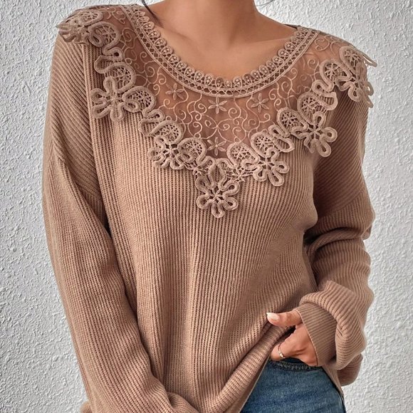 Apricot Casual Womens Guipure Lace Appliques Drop Shoulder Sweater - Picture 3 of 5